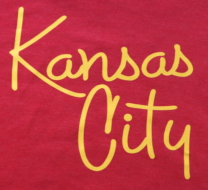 Kansas City Script Font on Red Crew Neck Sweatshirt