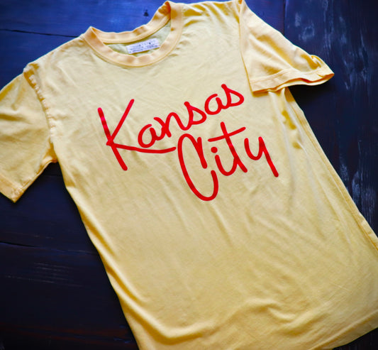 Kansas City Script Font on Yellow Short Sleeve