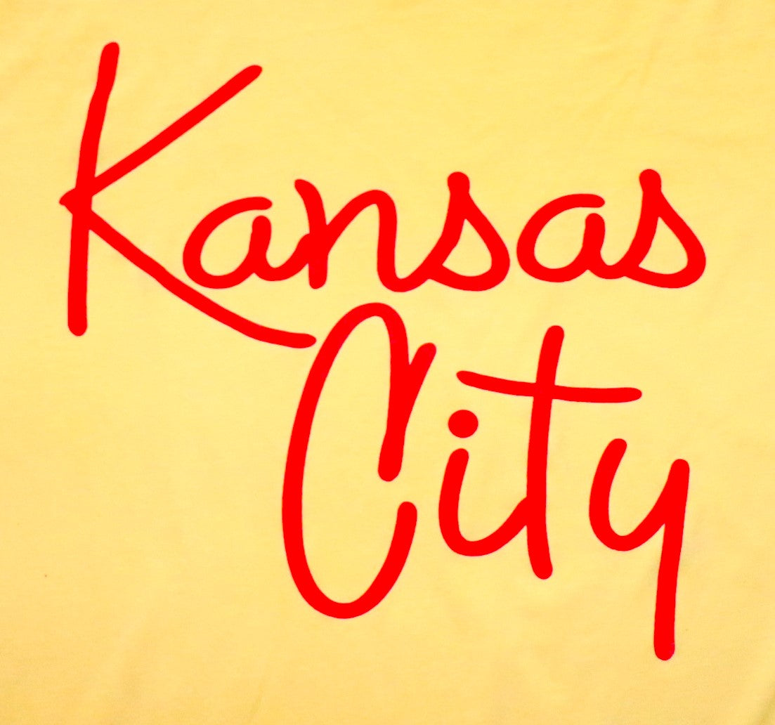 Kansas City Script Font on Yellow Short Sleeve